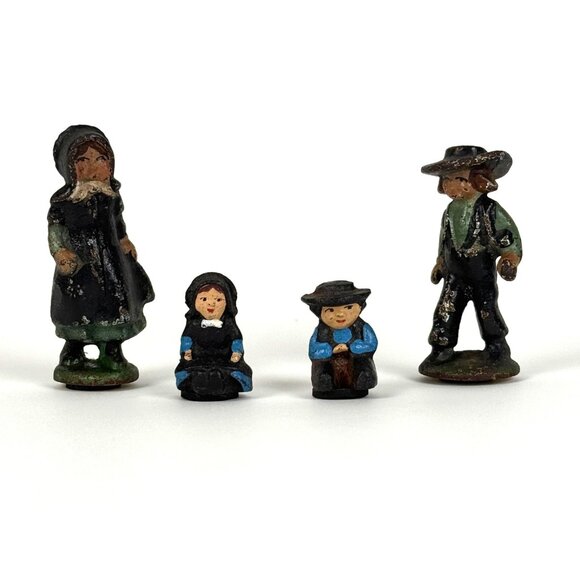 Vintage Cast Iron Amish Family 4 Piece Figurine Set Hand-Painted Folk Art Toys - Picture 1 of 7